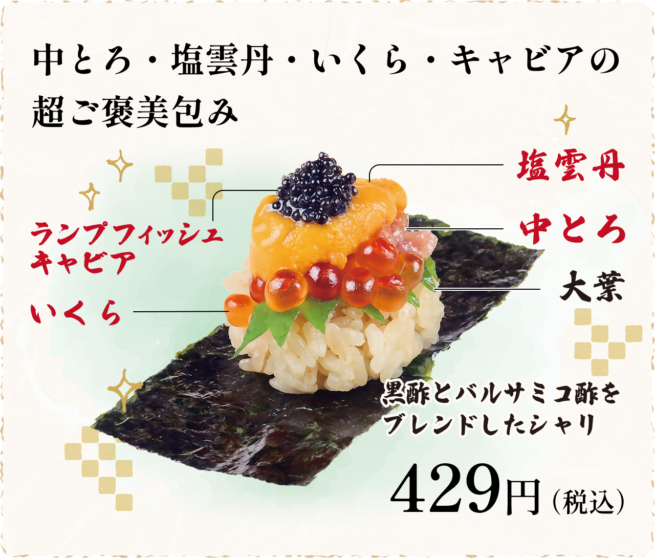 中とろ・塩雲丹・いくら・キャビアの 超ご褒美包み
